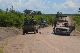 Binh sỹ Uganda tuần tra tại hiện trường vụ tấn công trong Công viên Quốc gia Nữ hoàng Elizabeth thuộc huyện Kasese, ngày 18/10/2023. (Ảnh: THX/TTXVN)