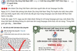 Thông tin cảnh báo trên Fanpage của Liên đoàn Cầu lông Việt Nam.