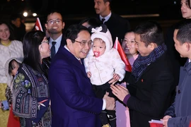 Cán bộ, nhân viên Đại sứ quán và cộng đồng người Việt Nam tại Thổ Nhĩ Kỳ đón Thủ tướng Phạm Minh Chính và Phu nhân tại sân bay Quốc tế Esenboga ở Ankara. (Ảnh: Dương Giang/TTXVN)