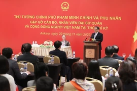 Thủ tướng Phạm Minh Chính phát biểu tại buổi gặp cán bộ, nhân viên Đại sứ quán và cộng đồng người Việt Nam tại Thổ Nhĩ Kỳ. (Ảnh: Dương Giang/TTXVN)
