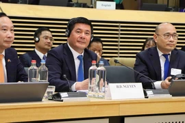 Bộ trưởng Bộ Công thương Nguyễn Hồng Diên (giữa) cùng Đại sứ-Trưởng Phái đoàn Việt Nam bên cạnh EU Nguyễn Văn Thảo (trái) tại phiên họp. (Ảnh : Hương Giang/TTXVN)