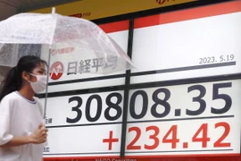 Màn hình điện tử hiển thị chỉ số chứng khoán Nikkei (dưới) tại Tokyo, Nhật Bản ngày 19/5/2023. (Ảnh: Kyodo/TTXVN)