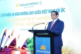 Thủ tướng Phạm Minh Chính phát biểu tại Lễ kỷ niệm 30 năm mở đường bay Việt Nam-Australia của Vietnam Airlines. (Ảnh: Dương Giang/TTXVN)