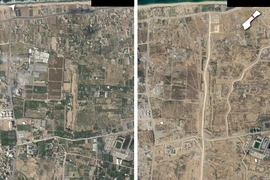 Hình ảnh so sánh về hành lang Netzarim mà Israel thiết lập tại Dải Gaza ngày 15/10/2023 (ảnh trái) và ngày 4/4/2024 (ảnh phải). (Nguồn: Planet Labs)