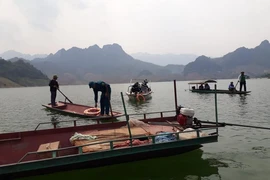 Các lực lượng của huyện Sìn Hồ (Lai Châu) tích cực tìm kiếm các nạn nhân mất tích trong vụ lật thuyền tại vùng ngập Thủy điện Sơn La, thuộc địa phận xã Nậm Mạ. (Ảnh: TTXVN phát)