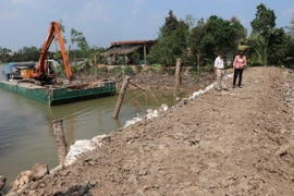 Đắp đập ngăn mặn tại vàm kênh Lầu tại xã Ngũ Hiệp, huyện Cai Lậy, tỉnh Tiền Giang. (Ảnh: Minh Trí/TTXVN)