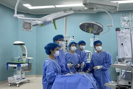 Các y, bác sỹ Bệnh viện Đại học Y Dược Buôn Ma Thuột (Đắk Lắk) tiến hành phẫu thuật nội soi cắt tuyến tiền liệt tận gốc cho bệnh nhân. (Ảnh: TTXVN phát)