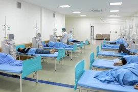 Các công nhân nhập viện do ngộ độc thực phẩm đang được điều trị tại Bệnh viện Hữu nghị Lạc Việt. (Ảnh: Hoàng Hùng/TTXVN)