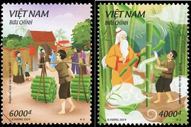 Hai mẫu trong bộ tem 'Truyện cổ tích Việt Nam: Cây tre trăm đốt.'