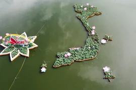 Bản đồ Việt Nam và mô hình hoa sen tạo hình từ những chậu hoa sen đặt trên mặt hồ Khổng Tử, Công viên Văn Miếu, thành phố Cao Lãnh. (Ảnh: Nhựt An/TTXVN)