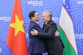 Thủ tướng Phạm Minh Chính gặp Tổng thống Uzbekistan Shavkat Mirziyoyev. (Ảnh: Dương Giang/TTXVN)