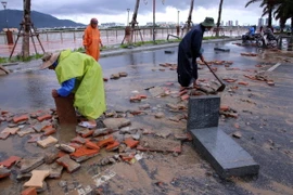 Các đơn vị chức năng thành phố Đà Nẵng dọn vệ sinh môi trường tại khu vực bị hư hỏng nặng trên đường Như Nguyệt. (Ảnh: Trần Lê Lâm/TTXVN)