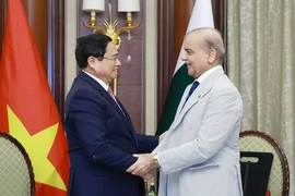 Thủ tướng Phạm Minh Chính gặp Thủ tướng Pakistan Shehbaz Sharif. (Ảnh: Dương Giang/TTXVN)