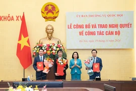 Thay mặt Ủy ban Thường vụ Quốc hội, Phó Chủ tịch Quốc hội Nguyễn Thị Thanh đã trao các Nghị quyết bổ nhiệm cán bộ. (Nguồn: Cổng Thông tin Điện tử Quốc hội Việt Nam)