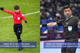 Trọng tài Lê Thị Ly điều hành Giải FIFA World Cup Nữ U17 Dominican (trái) và Trọng tài Trương Quốc Dũng điều hành Giải FIFA Futsal World Cup Uzbekistan 2024 (phải). (Ảnh: VFF)