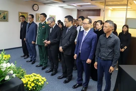 Cán bộ nhân viên và thân nhân thuộc Đại sứ quán Việt Nam tại Israel tại lễ viếng Tổng bí thư Nguyễn Phú Trọng. (Ảnh: Đức Trung/TTXVN)