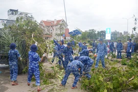 Lực lượng Cảnh sát Biển dọn dẹp cây bị đổ tại Hải Phòng. (Ảnh: Hoàng Ngọc/TTXVN)