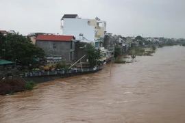 Lũ trên sông Vệ (Quảng Ngãi) lên nhanh áp sát một khu dân cư. (Ảnh: Phạm Cường/TTXVN)