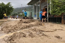 Bùn đất dày trên 30cm tràn xuống đường bê tông thôn Chánh Thắng. (Ảnh tư liệu: Tường Quân/TTXVN)