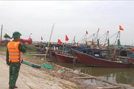Chiến sỹ Đồn Biên phòng Kim Sơn, huyện Kim Sơn, tỉnh Ninh Bình thông báo về tình hình bão cho ngư dân. (Ảnh: Thùy Dung/TTXVN)