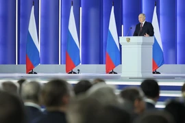 Tổng thống Nga Vladimir Putin đọc Thông điệp liên bang trước hai viện Quốc hội tại Moskva, ngày 21/2/2023. (Ảnh: AFP/TTXVN)