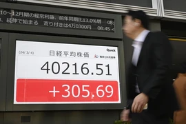 Chỉ số Nikkei-225 hiển thị trên bảng điện tử tại Tokyo (Nhật Bản) ngày 4/3/2024. (Ảnh: Kyodo/TTXVN)