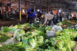 Tiểu thương ở chợ Phùng Khoang, quận Nam Từ Liêm (Hà Nội) chuẩn bị nguồn rau xanh phục vụ người dân. (Ảnh: Vũ Sinh/TTXVN)