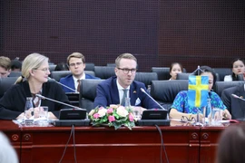 Ông Andreas Carlson - Bộ trưởng Bộ Cơ sở Hạ tầng và Nhà ở Thụy Điển trao đổi với lãnh đạo thành phố Đà Nẵng. (Ảnh: Trần Lê Lâm/TTXVN)