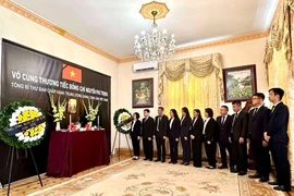 Cán bộ, nhân viên Đại sứ quán Việt Nam tại Hungary dành một phút mặc niệm tưởng nhớ và tiễn biệt Tổng Bí thư Nguyễn Phú Trọng. (Ảnh: TTXVN phát)