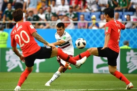 Các cầu thủ Hàn Quốc tranh bóng với cầu thủ Hirving Lozano (giữa) đội tuyển Mexico trong trận đấu bảng F diễn ra ở Rostov-on-Don, Nga ngày 23/6. (Nguồn: THX/TTXVN)