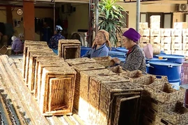 Người thợ thủ công làm ra các sản phẩm từ cói ở huyện Kim Sơn, tỉnh Ninh Bình. (Ảnh: Thùy Dung/TTXVN)