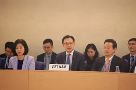 Đoàn đại biểu Việt Nam do Thứ trưởng Bộ Ngoại giao Đỗ Hùng Việt dẫn đầu tham gia Phiên đối thoại về Báo cáo quốc gia của Việt Nam theo Cơ chế rà soát định kỳ phổ quát (UPR) chu kỳ IV của Hội đồng Nhân quyền Liên hợp quốc. (Ảnh: Anh Hiển/TTXVN)