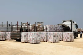 Bốc dỡ hàng viện trợ từ xe tải tại Beit Hanun, miền Bắc Dải Gaza ngày 1/5/2024. (Ảnh: AFP/TTXVN)
