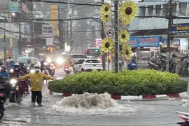Một hố ga sụt lún do ngập xuất hiện gần chợ Thủ Đức (thành phố Thủ Đức, Thành phố Hồ Chí Minh). (Ảnh: TTXVN phát)