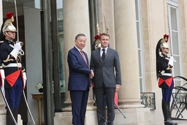 Tổng thống Pháp Emmanuel Macron đón Tổng Bí thư, Chủ tịch nước Tô Lâm. (Ảnh: Trí Dũng/TTXVN)