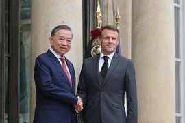 Tổng thống Pháp Emmanuel Macron đón Tổng Bí thư, Chủ tịch nước Tô Lâm. (Ảnh: Trí Dũng/TTXVN)