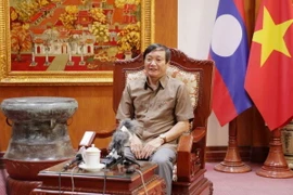 Ông Nguyễn Bá Hùng, Đại sứ Việt Nam tại Lào trả lời phóng viên báo chí nhân dịp kỷ niệm 70 năm Chiến thắng Điện Biên Phủ. (Ảnh: Đỗ Bá Thành/TTXVN)