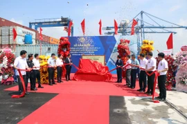 Các đại biểu thực hiện nghi thức gắn biển hoàn thành xây dựng cầu cảng số 3, 4 Cảng cửa ngõ Quốc tế Hải Phòng-Khu bến cảng Lạch Huyện. (Ảnh: Hoàng Ngọc/TTXVN)
