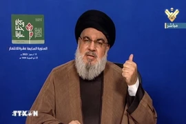 Thủ lĩnh phong trào Hezbollah tại Liban Hassan Nasrallah trong bài phát biểu trên truyền hình ngày 12/7/2023. (Ảnh: AFP/TTXVN)