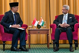 Ngoại trưởng Indonesia Sugiono và Ngoại trưởng Ấn Độ S Jaishankar tại cuộc gặp bên lề Hội nghị BRICS ở Kazan, Nga, ngày 23/10/2024. (Ảnh: ANI/TTXVN)