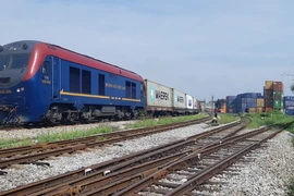 Một đoàn tàu chuyên chở hàng hóa container đang chạy trên tuyến đường sắt Quốc gia. (Ảnh: PV/Vietnam+)