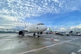 Chiếc máy bay Airbus A320 mà hãng hàng không Bamboo Airways mới thuê để tăng tải thêm nhiều đường bay du lịch. (Ảnh: PV/Vietnam+)