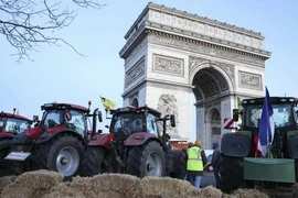 Nông dân chặn giao thông trên đại lộ Champs-Elysees bằng máy kéo và các cuộn cỏ khô. (Ảnh: AFP)