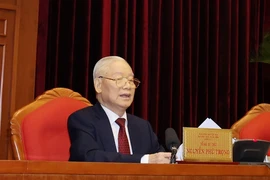 Tổng Bí thư Nguyễn Phú Trọng chủ trì và phát biểu bế mạc Hội nghị Trung ương lần thứ 9, khóa XIII. (Ảnh: Trí Dũng/TTXVN)