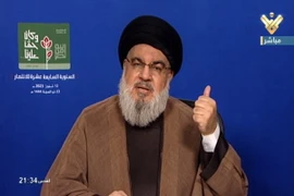 Thủ lĩnh phong trào Hezbollah tại Liban Hassan Nasrallah trong bài phát biểu trên truyền hình ngày 12/7/2023. (Ảnh: AFP/TTXVN)