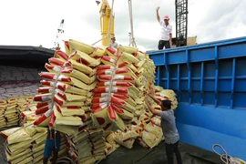 Vận chuyển gạo xuất khẩu của Tập đoàn Lộc Trời tại Tân cảng Thốt Nốt (thành phố Cần Thơ). (Ảnh: Vũ Sinh/TTXVN)