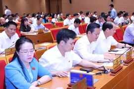 Đại biểu biểu quyết về việc tán thành chủ trương sắp xếp đơn vị hành chính cấp huyện, cấp xã giai đoạn 2023-2025 của thành phố Hà Nội. (Ảnh: Văn Điệp/TTXVN)