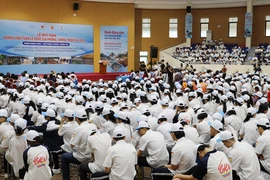 Quang cảnh míttinh hưởng ứng Tuần lễ Quốc gia Phòng, chống thiên tai năm 2024 tại Phú Thọ. (Ảnh: Tạ Toàn/ TTXVN)