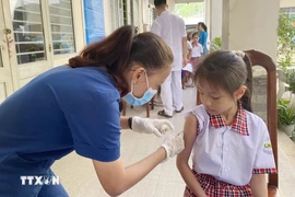 Học sinh Trường tiểu học Tam Hòa (thành phố Biên Hòa, Đồng Nai) được nhân viên y tế tới tận trường học tiêm vaccine sởi. (Ảnh: Lê Xuân/TTXVN)