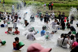 Trong khuôn khổ Lễ hội Then Kin Pang trên dòng suối Nậm Lụm diễn ra màn té nước cầu mưa của đồng bào dân tộc Thái, một trong những hoạt động hấp dẫn nhất thu hút đông đảo người dân cũng như du khách. (Ảnh: Quý Trung/TTXVN)